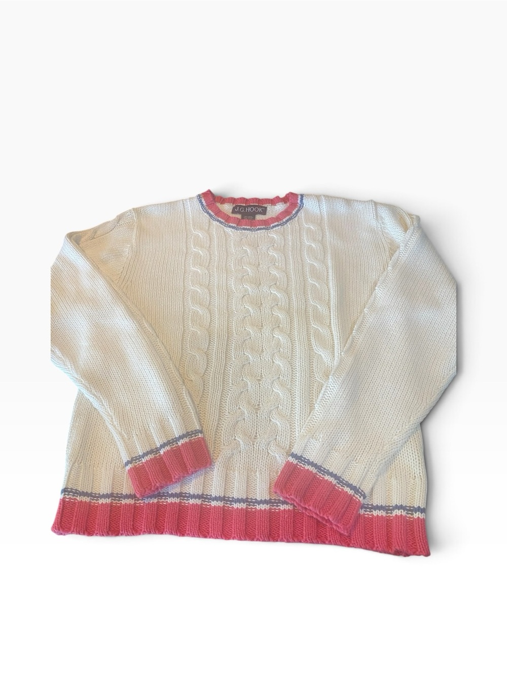 Cream Cable Knit Sweater with Pink Trim by J.G.Hook